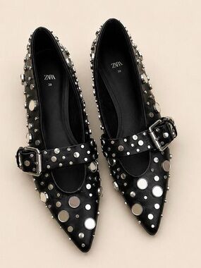 Zara Black Studded Pointed Mary Jane Flats with Buckle